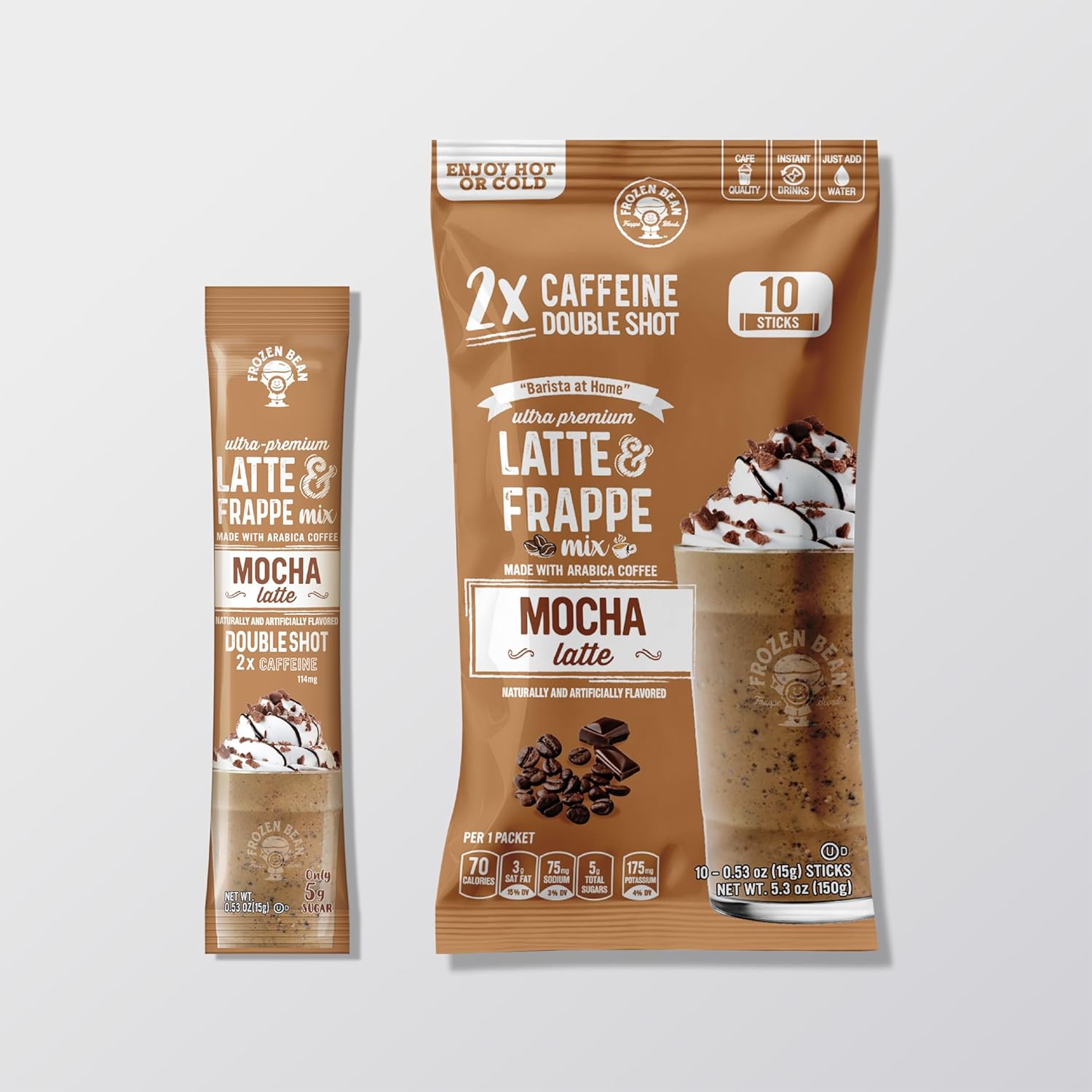 The Frozen Bean Mocha Frappe & Latte Instant Mix (10 Sticks), Made with Arabica Coffee, Double Shot Caffeine, Low Sugar & Premium Ingredients, Hot, Iced, or Blended Drinks