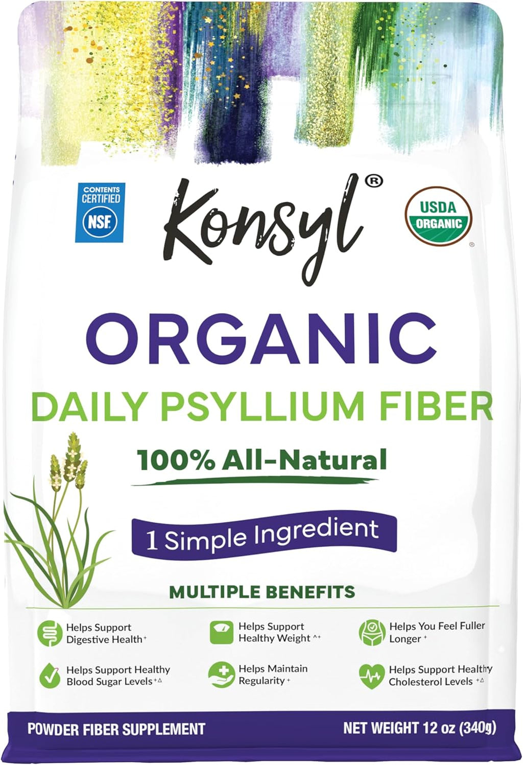 Konsyl USDA Organic Psyllium Husk Powder - 12oz, 60 Servings, Natural Unflavored Soluble Dietary Fiber Supplement - Fiber Prebiotic for Digestive Support and Gut Health - Sugar Free, Keto & Vegan