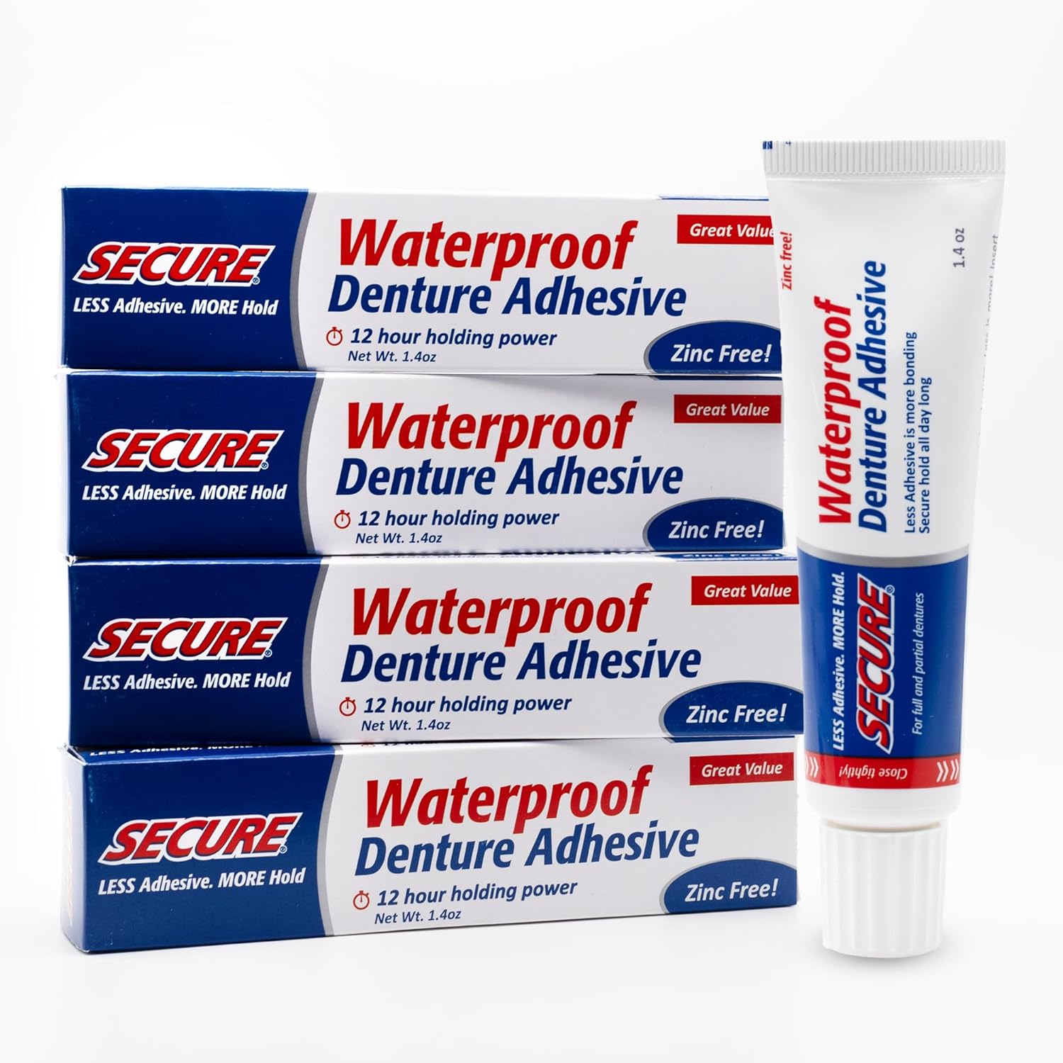 Secure Denture Adhesive Cream for Uppers, Lowers & Partials – Waterproof Seal & Zinc Free – Food Grade Ingredients - Less Adhesive, More Hold - Tube Lasts Up to 8 Weeks - 1.4 oz (4 Pack)