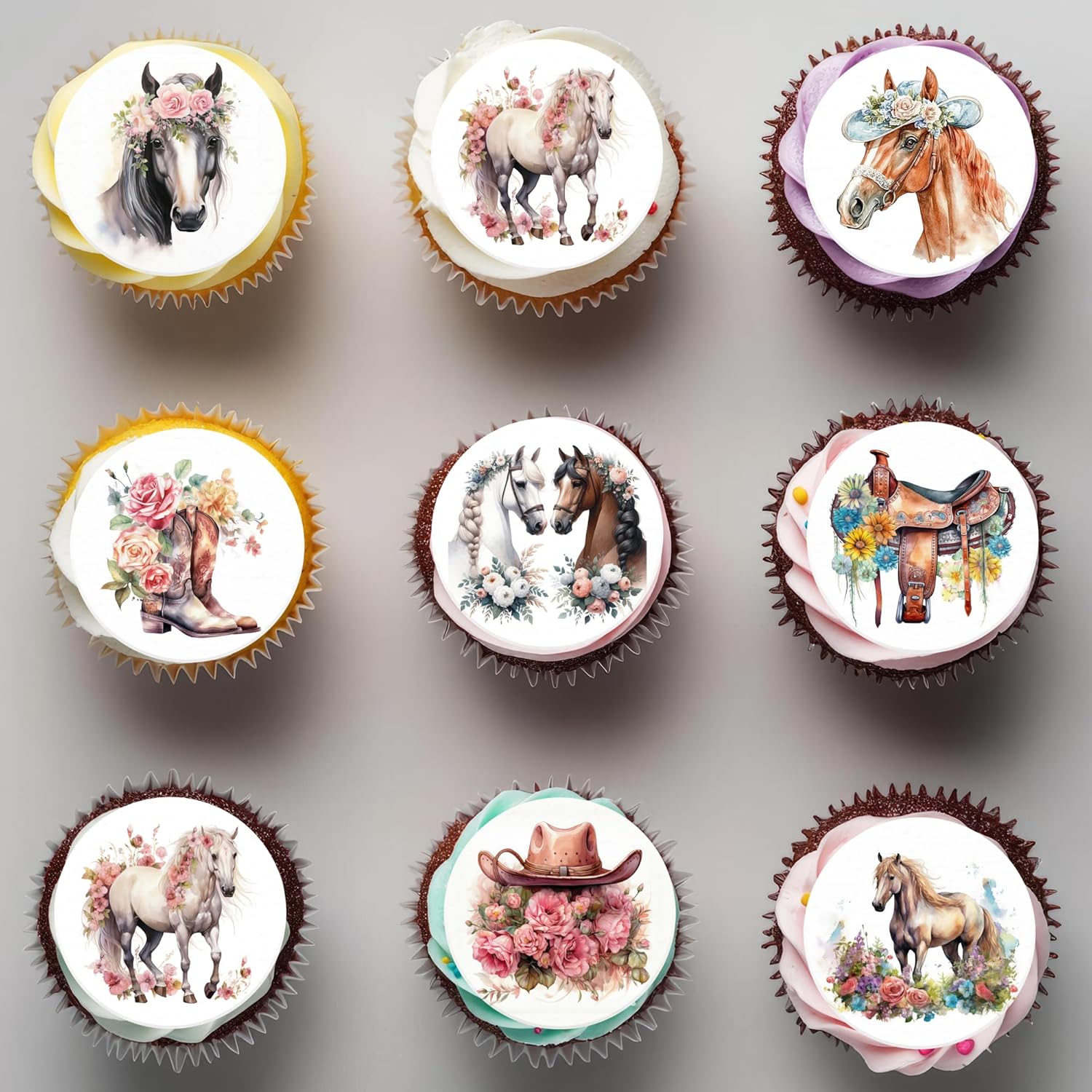 36PCS Edible Floral Horse Cupcake Toppers Wafer Paper Western Cowgirl Cupcake Toppers Edible Derby Horse Cupcake Picks for Western Derby Horse Theme Party Decoration Supplies