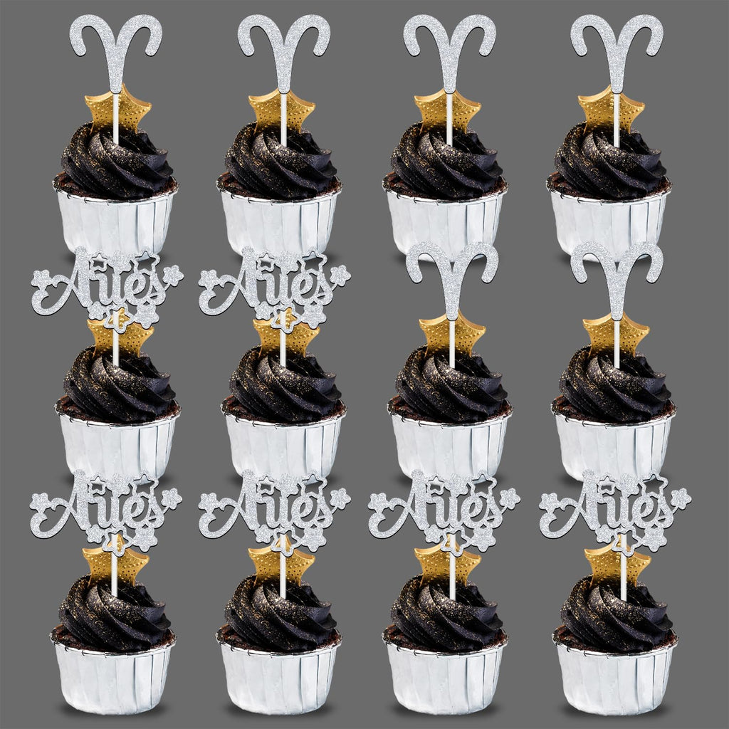 12Pcs Aries Cupcake Topper, Big Aries Energy/Aries Season, 12 Constellation March/April Birthday Cupcake Decoration, Horoscope Astrology Birthday Party Supplies, Silver Glitter