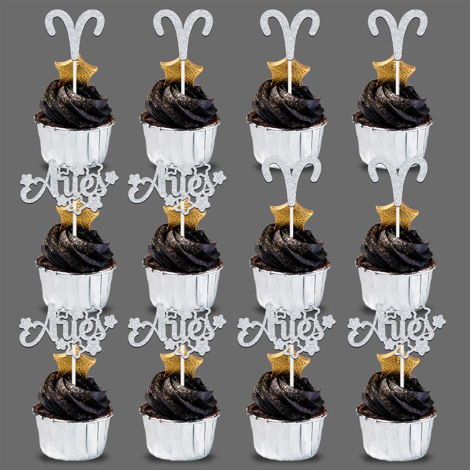 12Pcs Aries Cupcake Topper, Big Aries Energy/Aries Season, 12 Constellation March/April Birthday Cupcake Decoration, Horoscope Astrology Birthday Party Supplies, Silver Glitter
