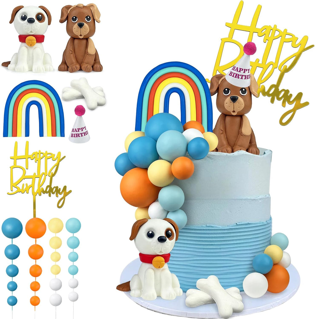 28 PCS Dog Cake Topper Cute Dogs Clay Figurines Ball Cake Toppers for Dog Theme Birthday Party Supplies Pet Baby Shower Decor