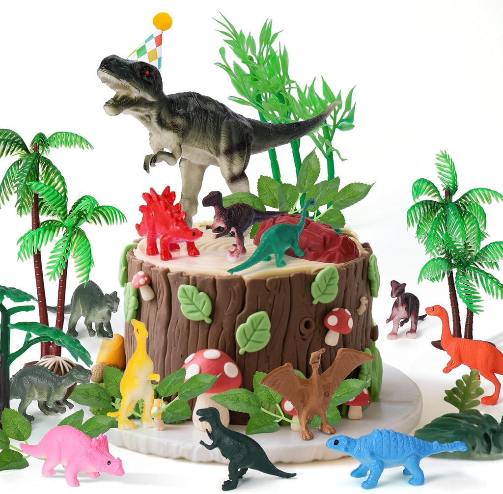 Dinosaur Cake Toppers, 25 Pcs Dino Cake Topper with Mini Hat Leaves Trees Cake Decorations for Birthday, Baby Shower, Jungle Safari, Wild Animals, Kids Dinosaur Themed Party Decorations Supplies