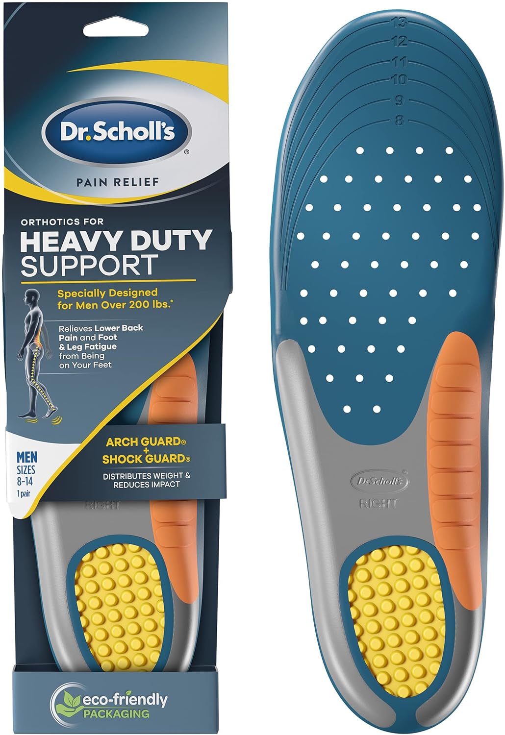 Dr. Scholl's Heavy Duty Support Pain Relief Orthotics, Designed for Men Over 200lbs with Technology to Distribute Weight and Absorb Shock with Every Step (for Men's 8-14) (Pack of 12)