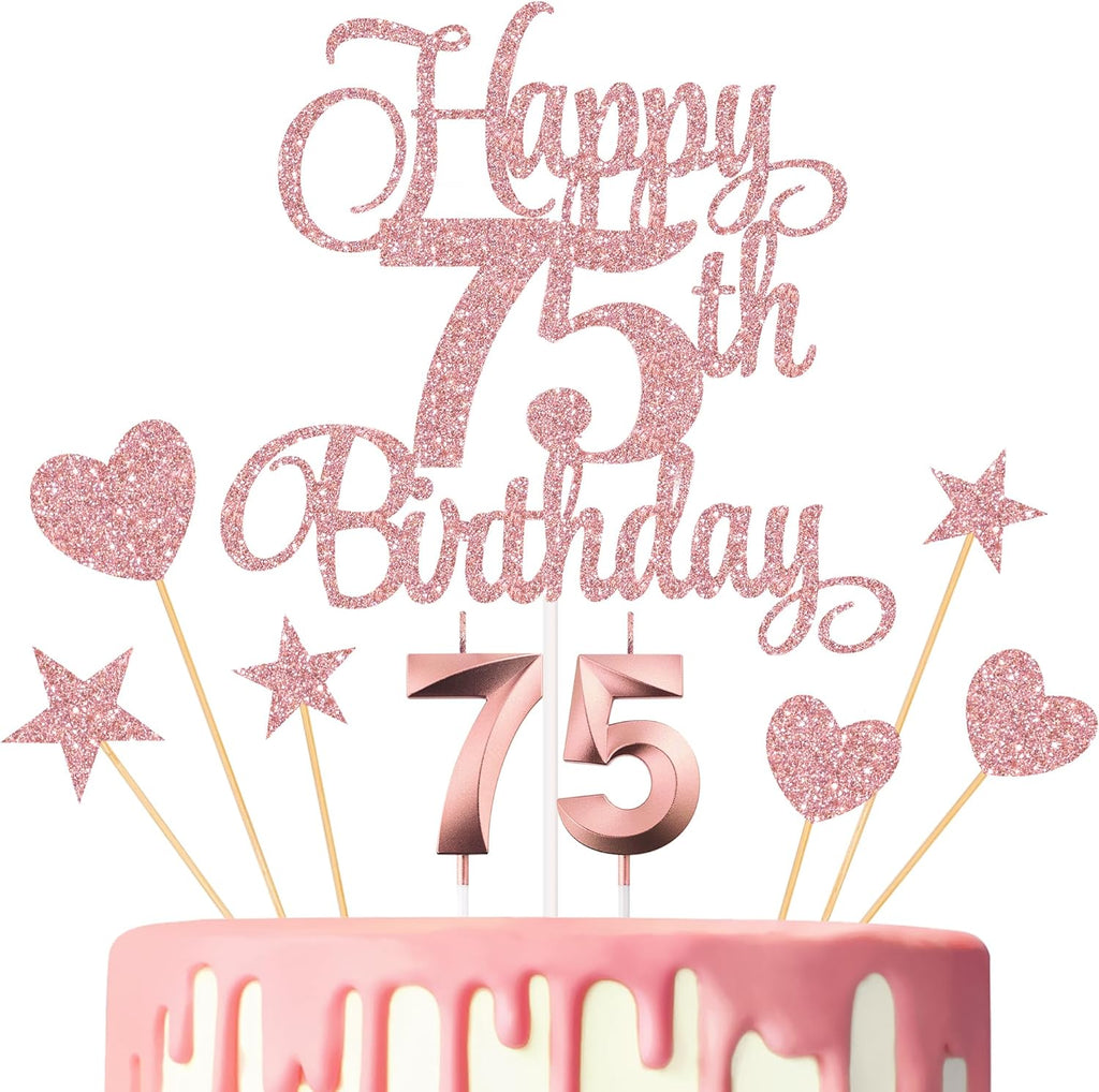 75th Birthday Cake Decorations, 75th Birthday Candles Cake Numeral Candles and Glitter Happy 75th Birthday Cake Toppers Set for Birthday Party Supplies (Rose Gold)