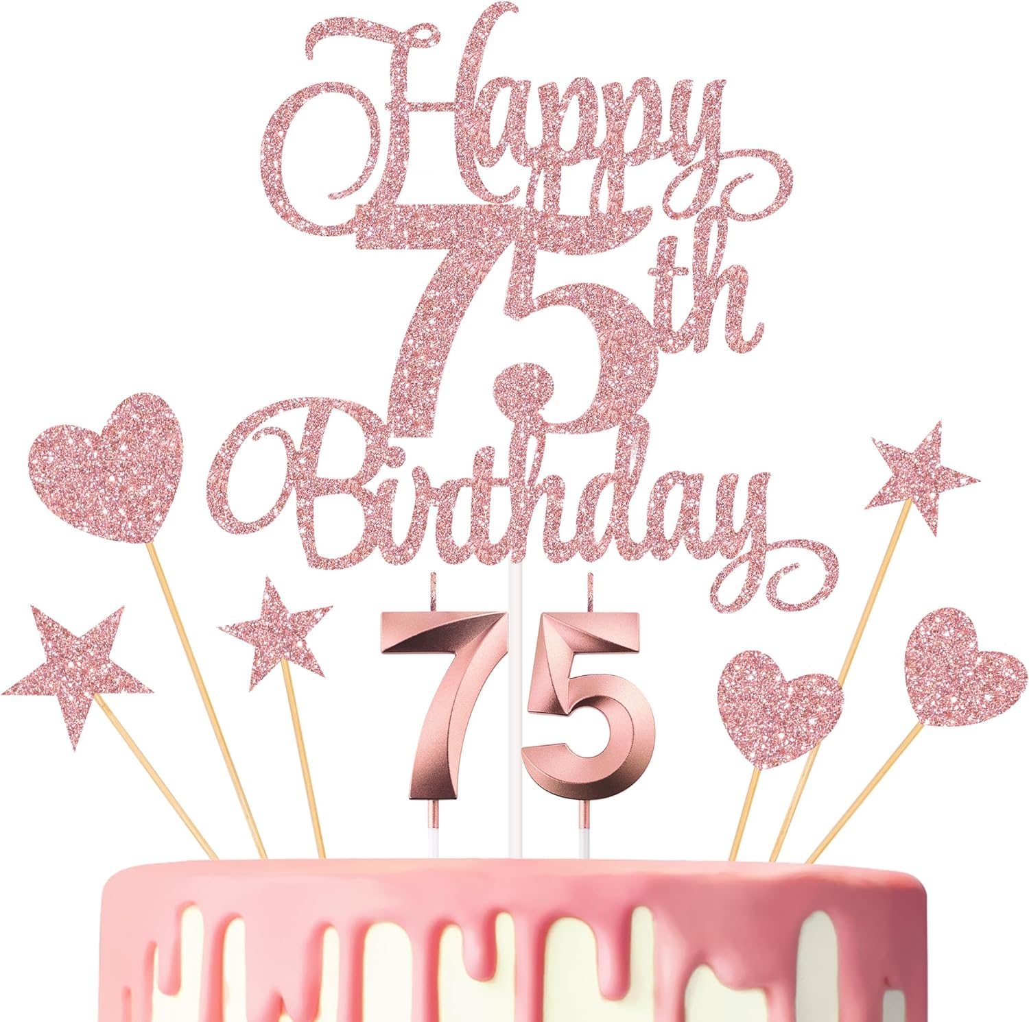 75th Birthday Cake Decorations, 75th Birthday Candles Cake Numeral Candles and Glitter Happy 75th Birthday Cake Toppers Set for Birthday Party Supplies (Rose Gold)