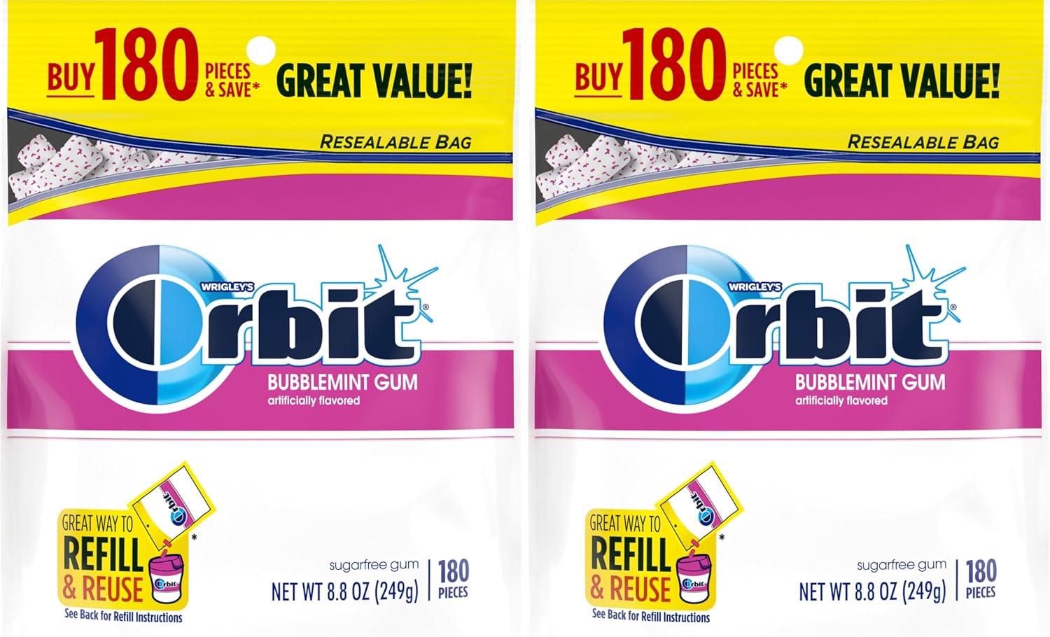 ORBIT Gum Bubblemint Sugar Free Chewing Gum Bulk Pack, 180 ct Bag (Pack of 2)