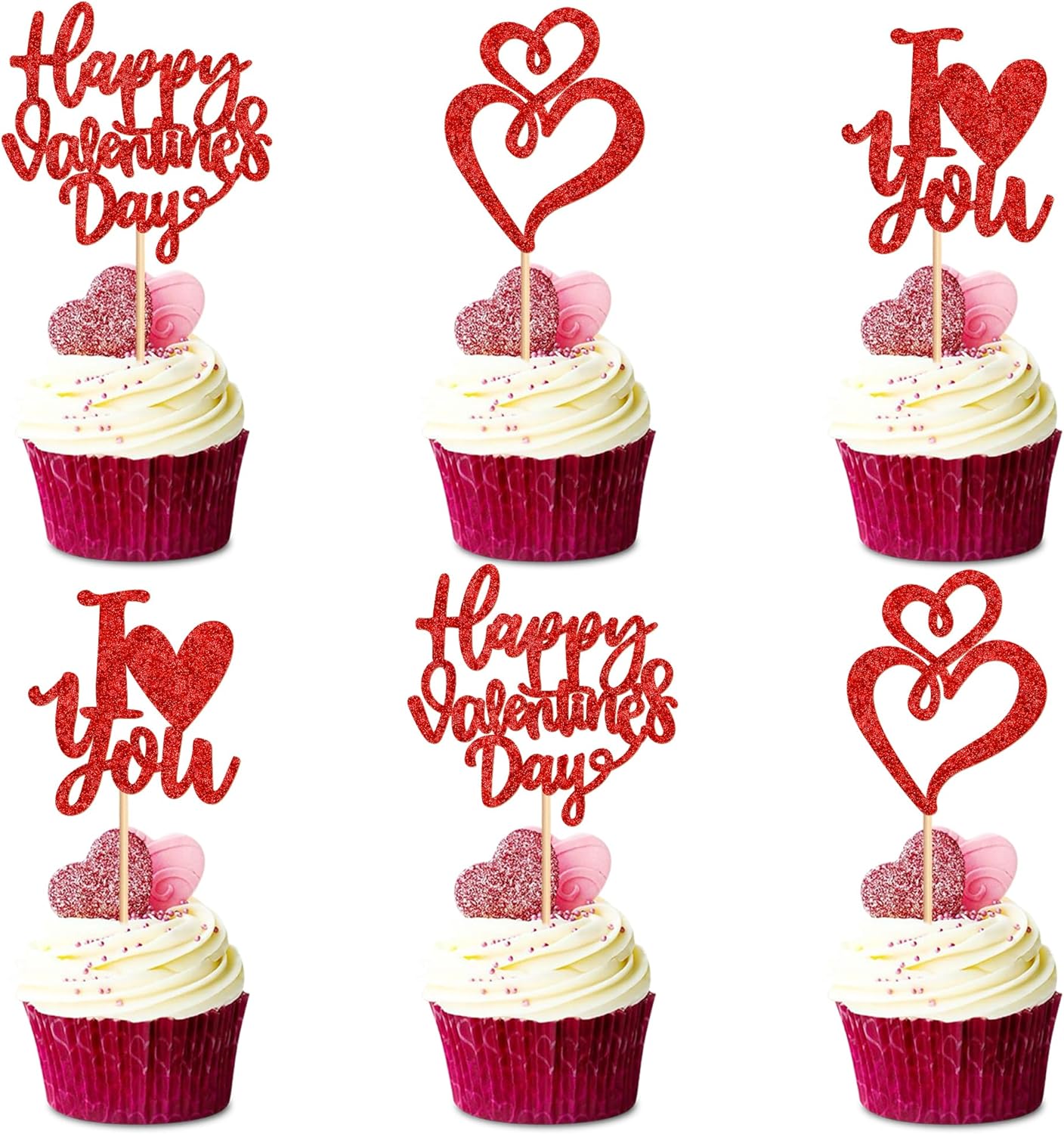 Ercaido 24 Pack Red Happy Valentine's Day Cupcake Toppers Heart I Love You Cupcake Picks Wedding Engagement Bridal Shower Valentine's Party Cake Decorations