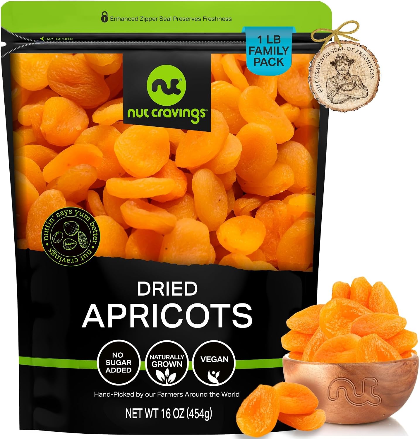 NUT CRAVINGS - Dried Turkish Apricots, No Sugar Added, Unsweetened (16oz, 1 LB) Sweet Healthy Snack, Vegan, Resealable Bag