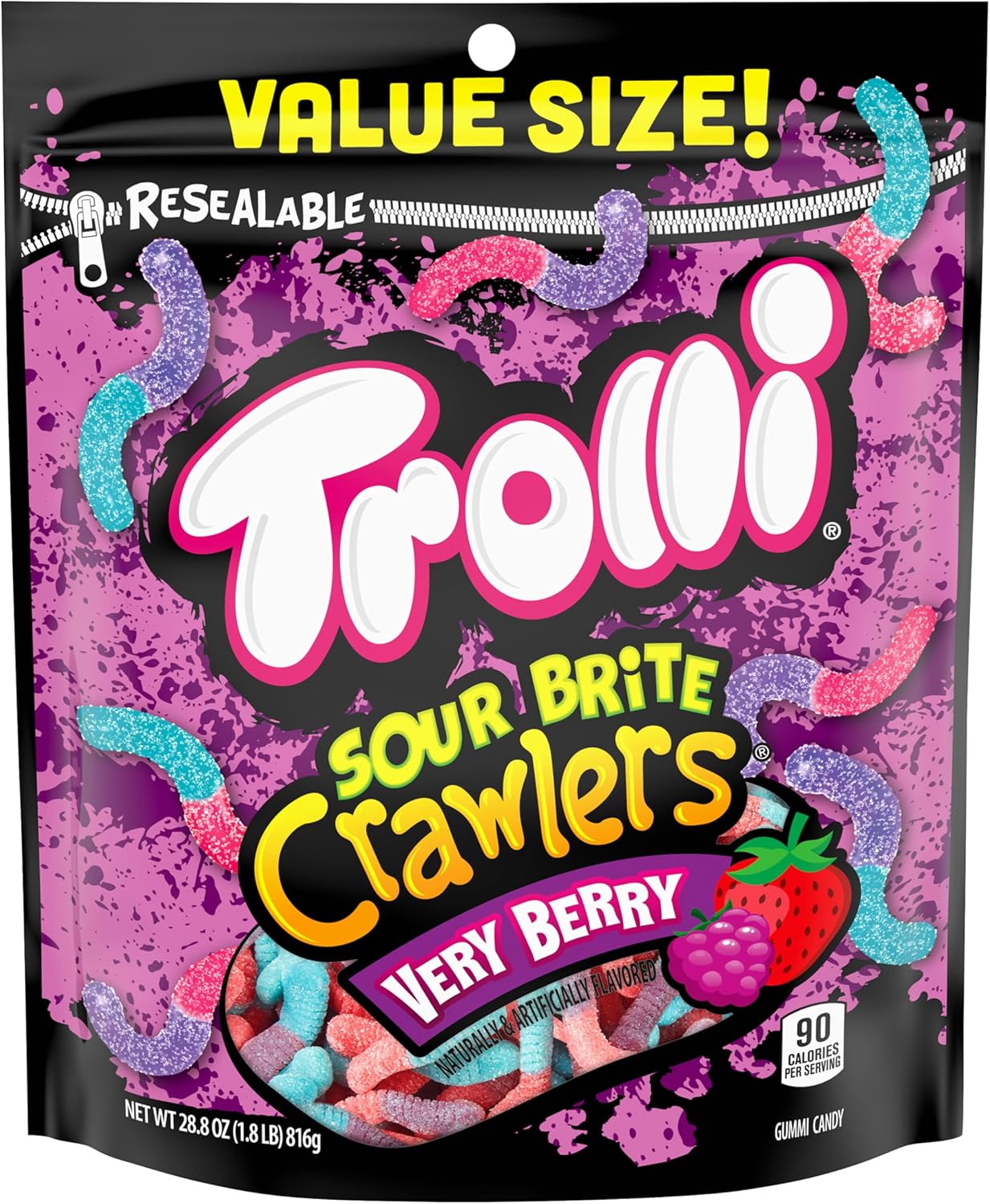 Trolli Sour Brite Crawlers, Very Berry, Sour Gummy Worms, 28.8 Ounce Resealable Bag