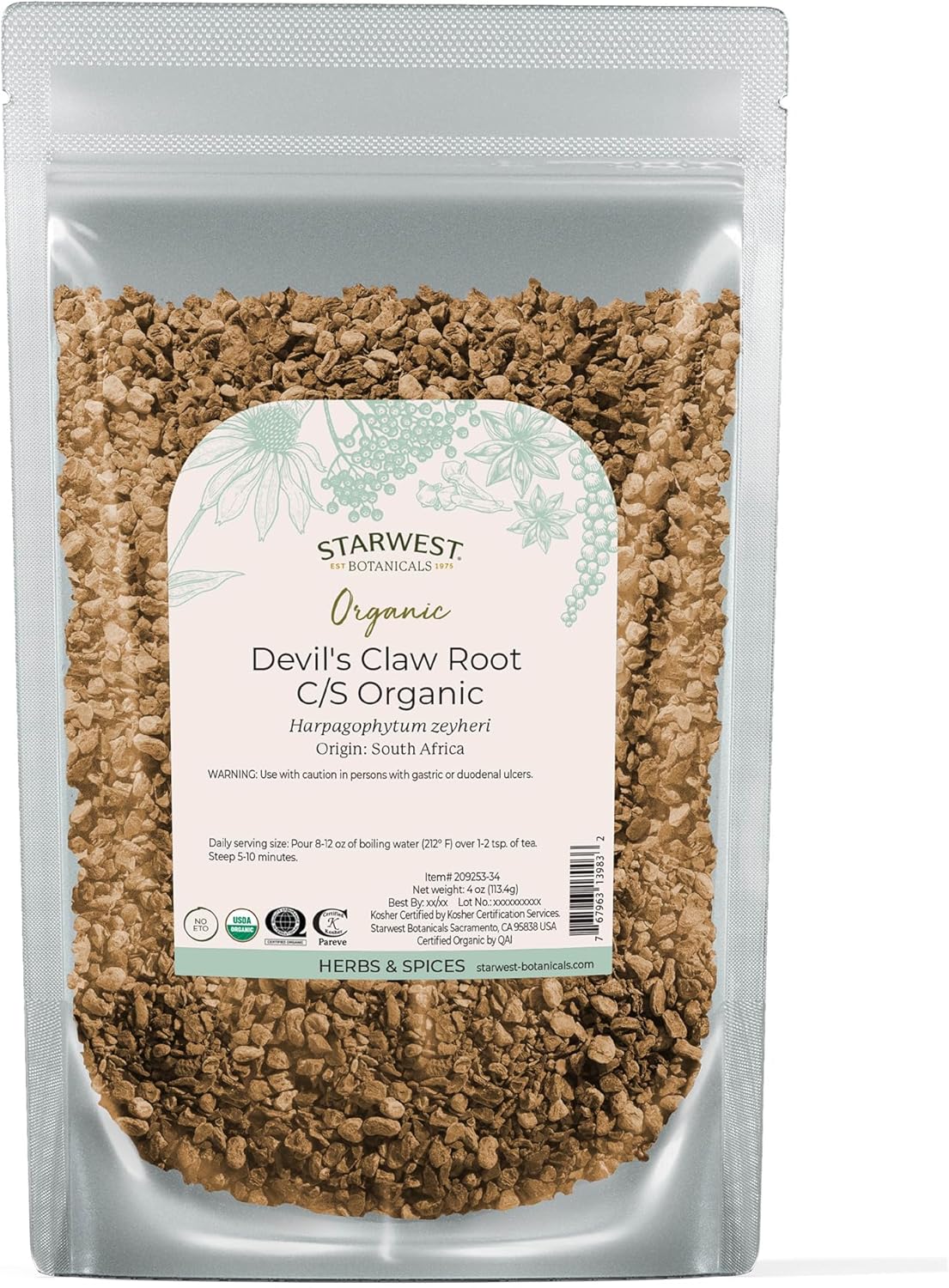 Starwest Botanicals Organic Devil's Claw Root - Dried Herb for Tea & Natural Herbal Blends, Pure Devil's Claw Root, Cut & Sifted, Certified Kosher, Non-GMO - 4 oz Pouch