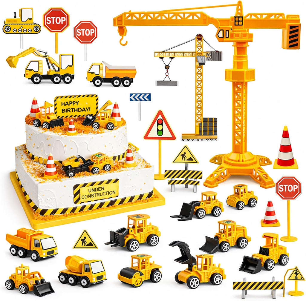 HERCOCCI 25Pcs Construction Cake Topper, Excavator Tower Cupcake Topper Bulldozer Backhoe Traffic Road Sign Cake Decor Vehicles Decorations Construction Birthday Party Supplies
