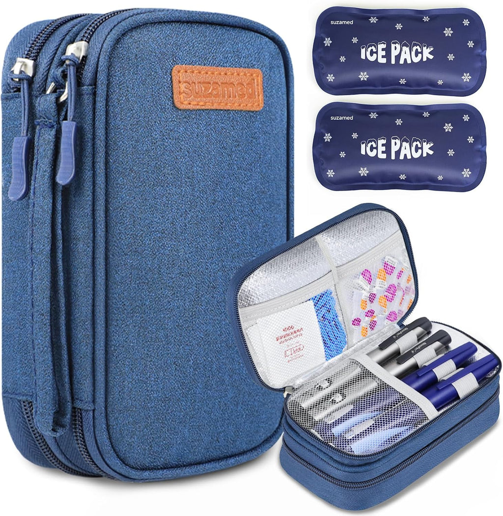 suzamed Insulin Cooler Travel Case, Double Layer Medicine Kit Diabetes Travel Case, Portable Medicine Organizer with 2Pack 150g Ice Pack TSA Approved for Insulin Pens Diabetic Supplies (Blue)