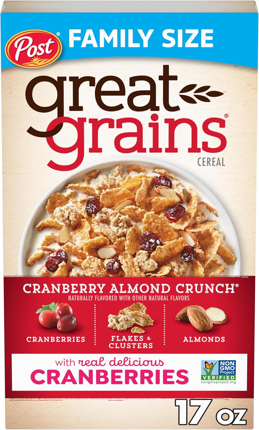 Great Grains Cranberry Almond Crunch Breakfast Cereal for Adults, Dried Cranberries and Almonds, Made with Whole Grain, Non-GMO, Heart Healthy, 17 OZ Box