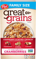Great Grains Cranberry Almond Crunch Breakfast Cereal for Adults, Dried Cranberries and Almonds, Made with Whole Grain, Non-GMO, Heart Healthy, 17 OZ Box