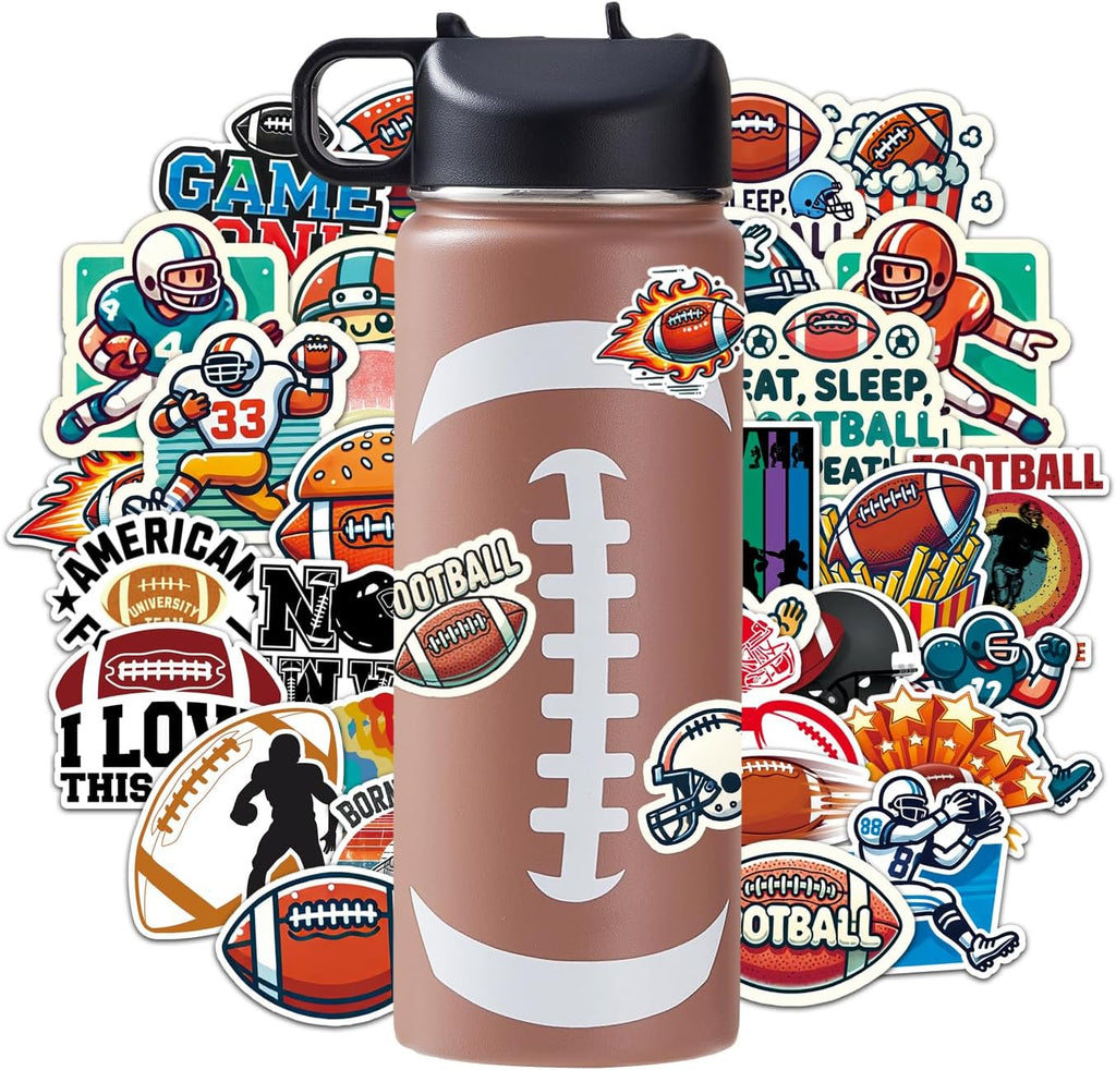 Football Water Bottles for Boys 18 oz and 100 PCS Football Stickers Sports Insulated Stainless Steel Water Bottle Footballs Accessories Stuff Gear Gifts For 8-12 12-14 Player