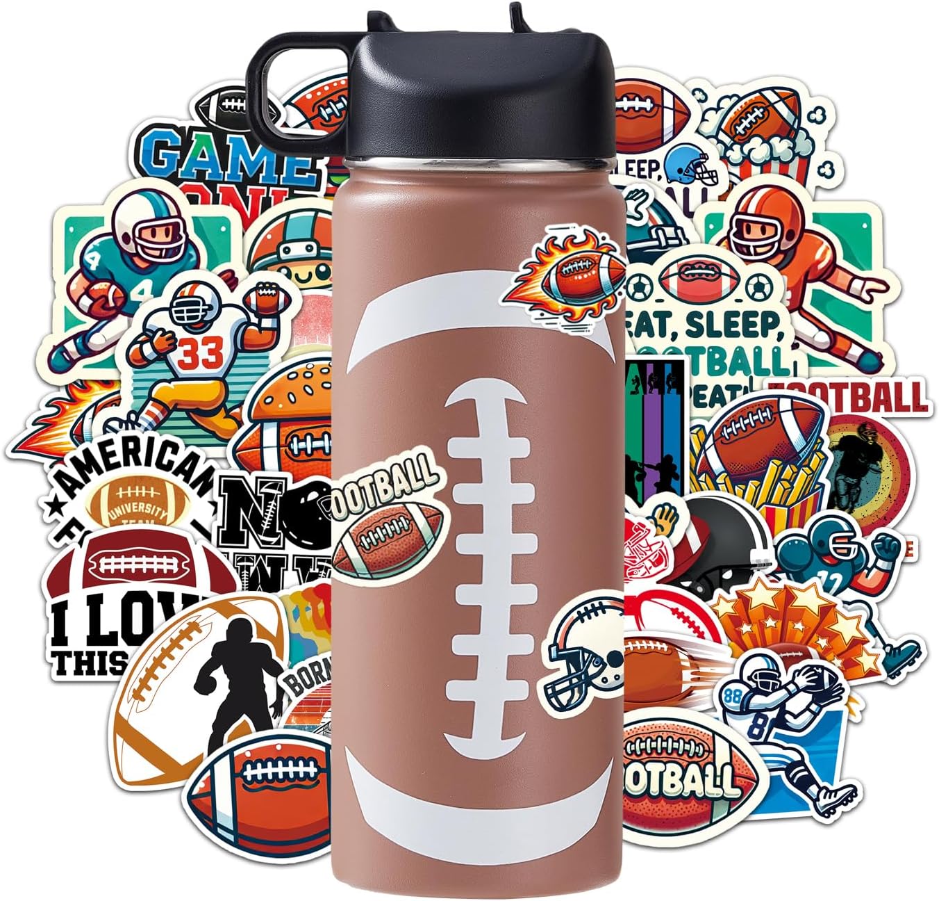 Football Water Bottles for Boys 18 oz and 100 PCS Football Stickers Sports Insulated Stainless Steel Water Bottle Footballs Accessories Stuff Gear Gifts For 8-12 12-14 Player