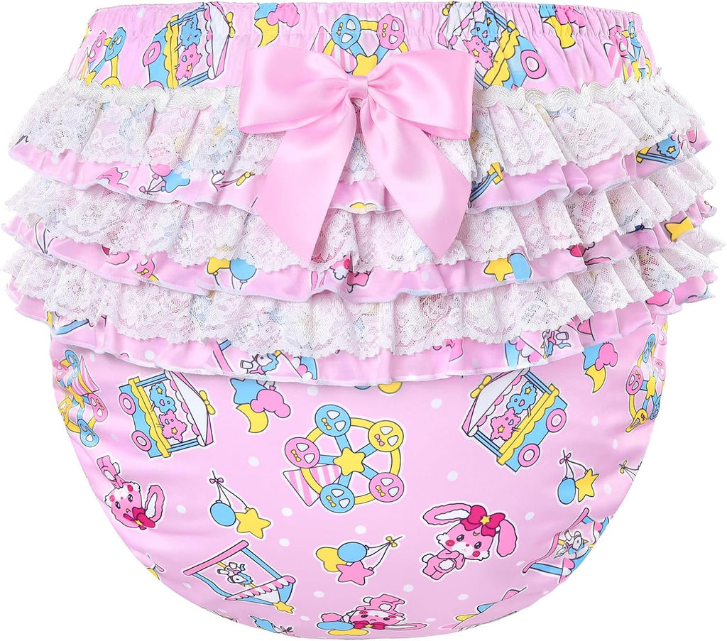 LittleForBig Silky Washable Reusable Waterproof Ruffled Lace Bow Usagi Pastel Circus Pattern Ruffle Adult Diaper Cover XL