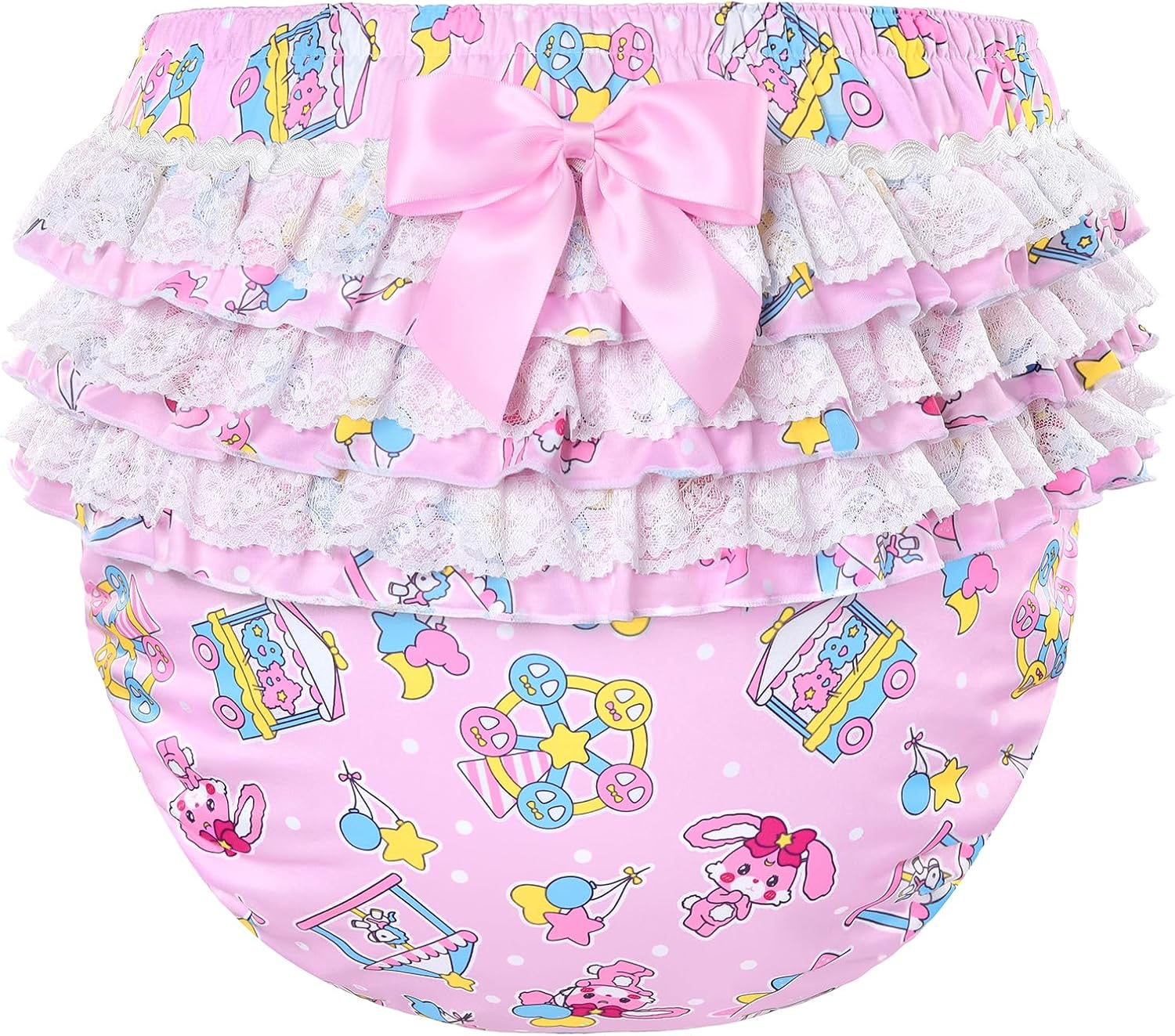 LittleForBig Silky Washable Reusable Waterproof Ruffled Lace Bow Usagi Pastel Circus Pattern Ruffle Adult Diaper Cover XL