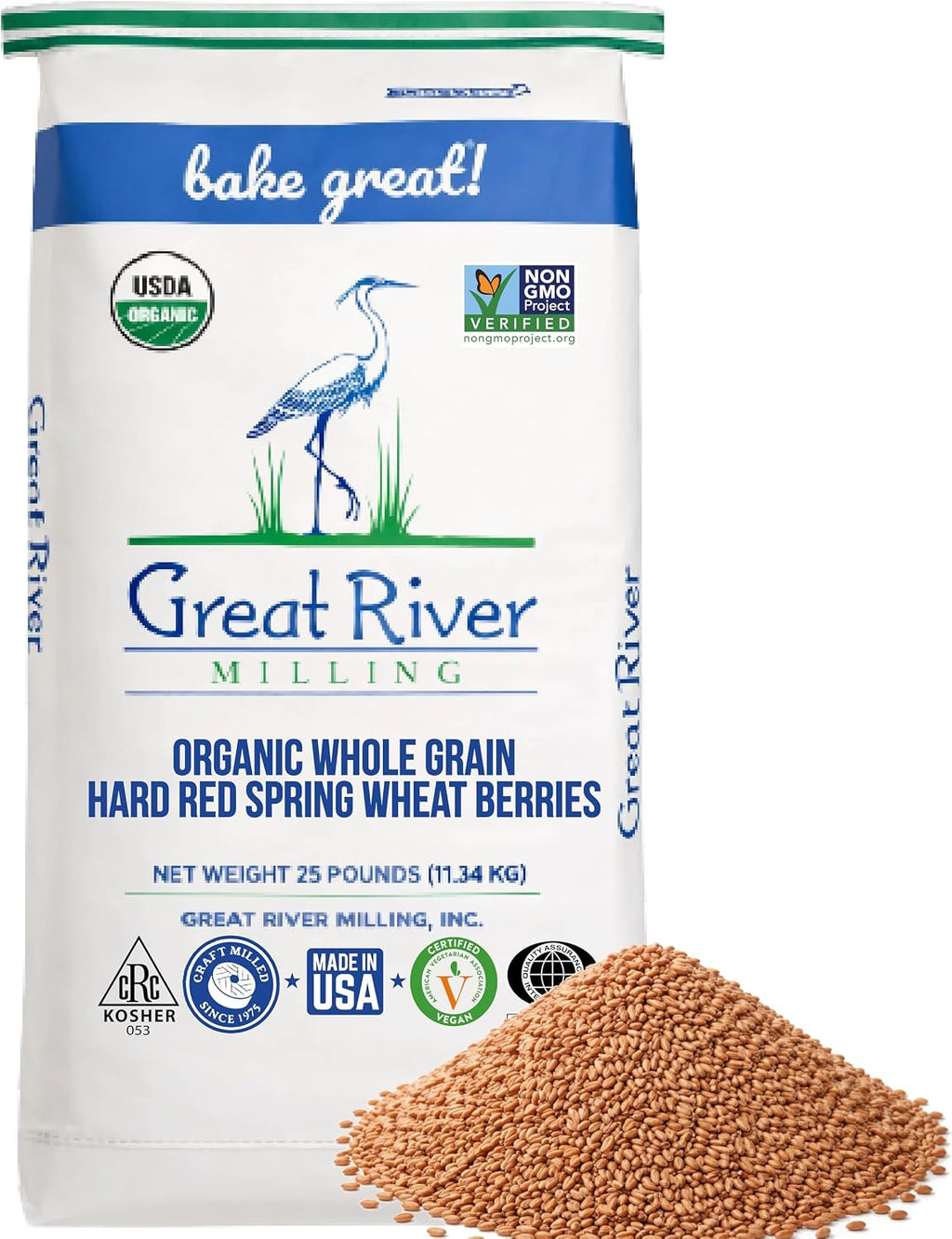 Great River Milling Organic Whole Grain Hard Red Spring Wheat Berries | Hard Red Whole Wheat | High Protein & Gluten | Non-GMO & Kosher | Perfect For Wheat Bread, Salad, Pilaf, Bagels & More | 25 Lb