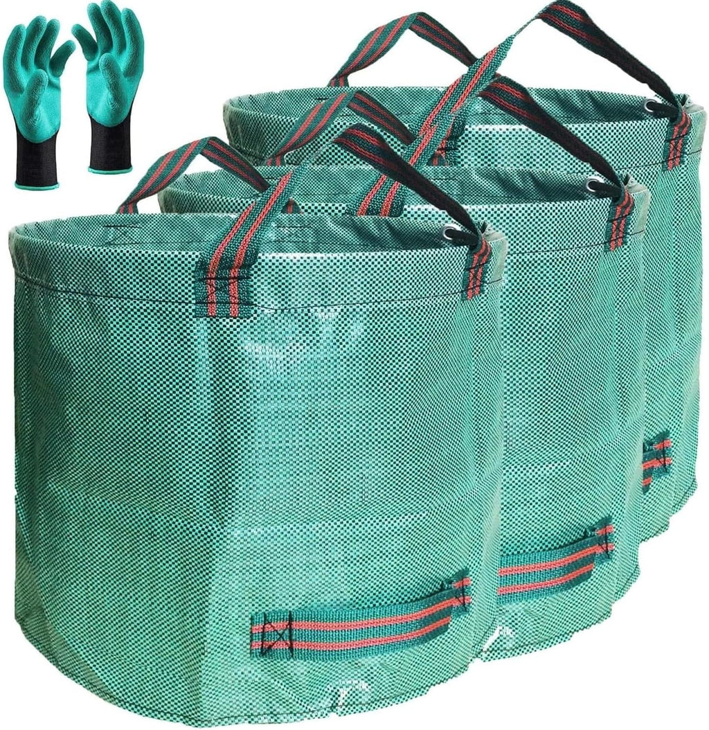 Standard 3-Pack 16 Gallons Yard Garden Bags (D18,H15 inch) W/Gardening Gloves, Reusable Leaf Bags,Grass Clippings,Lawn Debris Bag,Laundry Container,Patio Trash Bin,Yard Waste Bags,Weeds Bag 4 handles