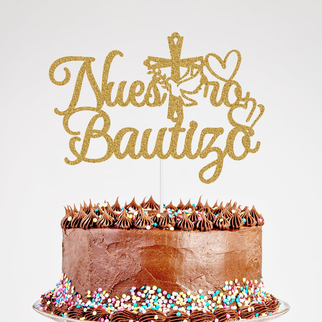Nuestro Bautizo Cake Topper, Mi Primera Comunion Cake Topper, Baptism Christening First Communion Baby Shower Party Decorations Gold Glitter