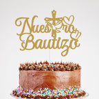 Nuestro Bautizo Cake Topper, Mi Primera Comunion Cake Topper, Baptism Christening First Communion Baby Shower Party Decorations Gold Glitter