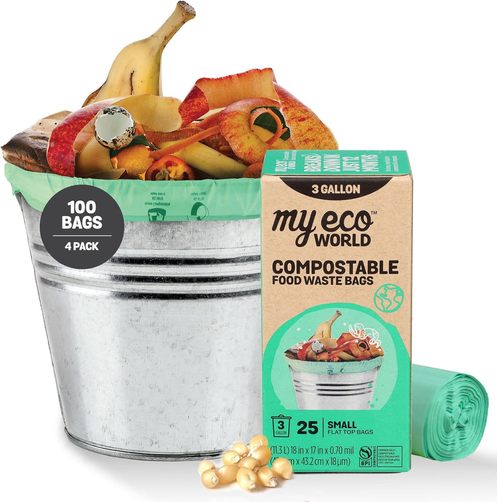 MyEcoWorld® Compostable Kitchen Waste Bags - 100 Count - 100% Certified Compostable - 3 Gallon - Super Strong - Leak Proof - Unscented - Easy to Open
