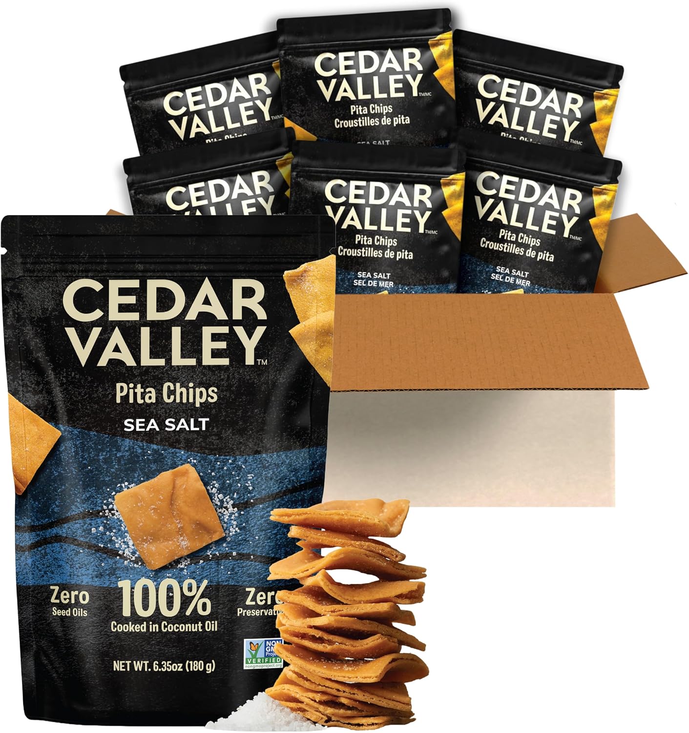 Cedar Valley Pita Chips Sea Salt | 180g (Pack of 6) | Seed Oil Free, Cooked in 100% Coconut Oil | Crisp, Golden & Flaky | No Preservatives, Non-GMO Ingredients | Healthy Snacks
