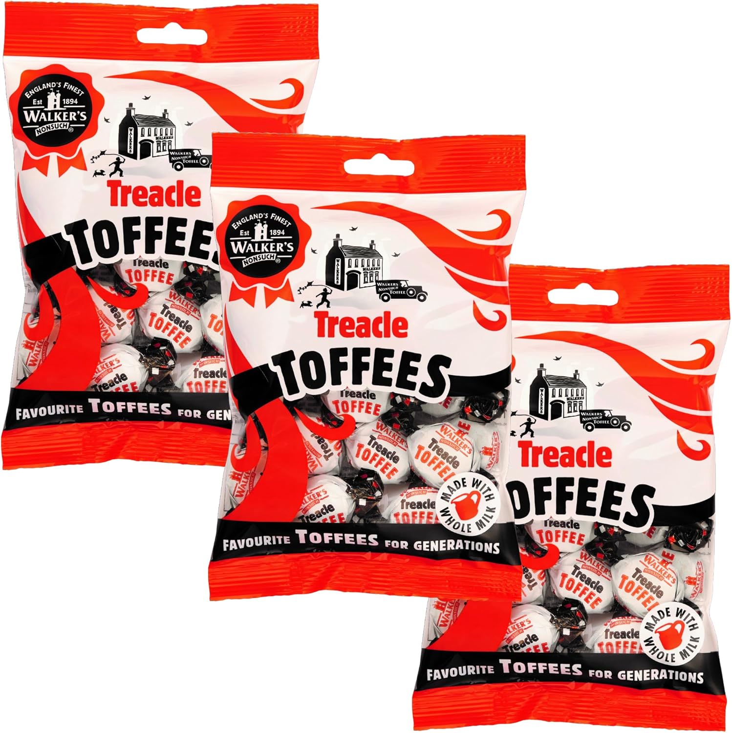 Walkers Nonsuch Treacle Toffees Bag 5.29 oz (Pack of 3) - Chewy Black Treacle English Toffee Candy, Traditional English Sweets, Gluten Free British Butter Candy, Imported from UK