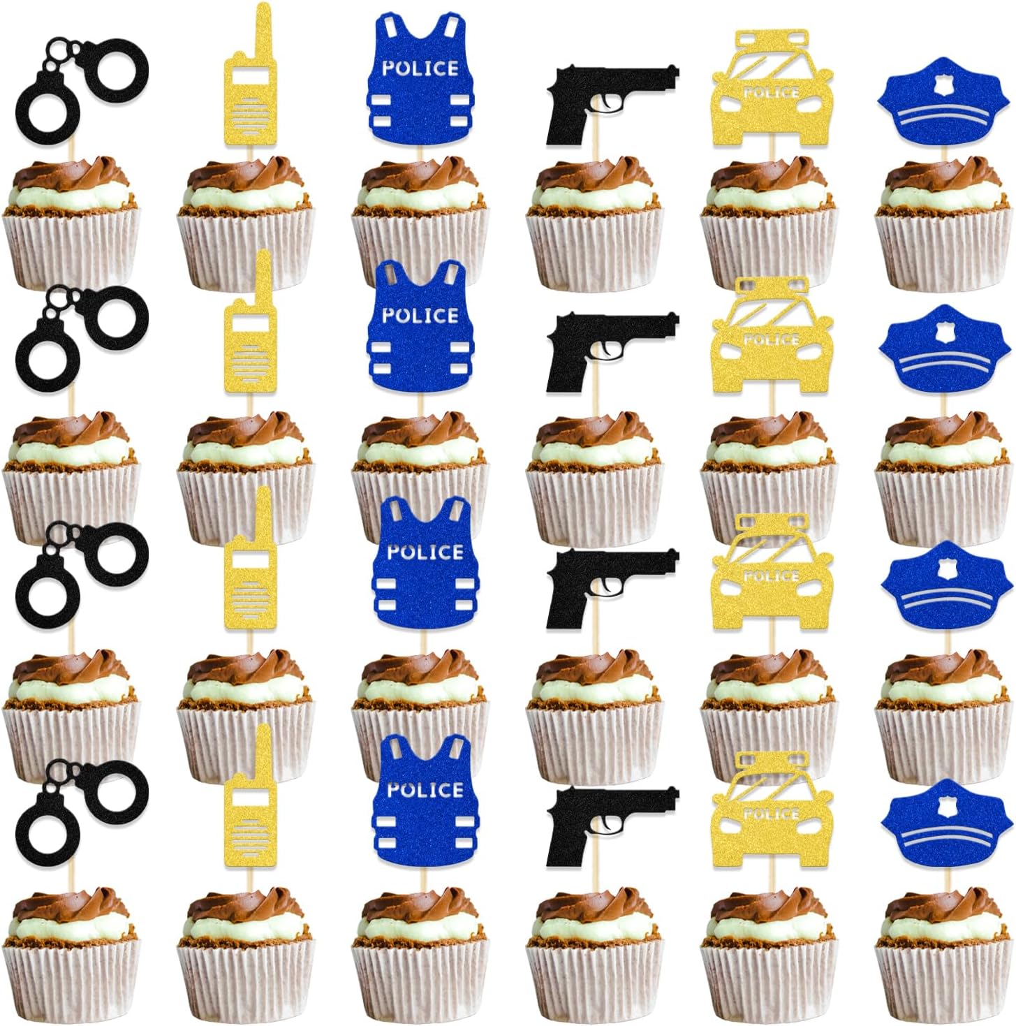24Pcs Police Retirement Cupcake Topper, Police Officer Cupcake Decorations, Officer Grad Decoration, Police Party Decorations, Congrats Officer Party Topper Supplies Blue Gold Black