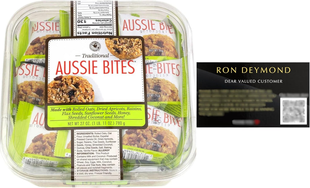Traditional Aussie Bites Individually Wrapped 27 Oz, Oatmeal snacks cookies, Healthy Oatmeal Bites with RON DEYMOND Card