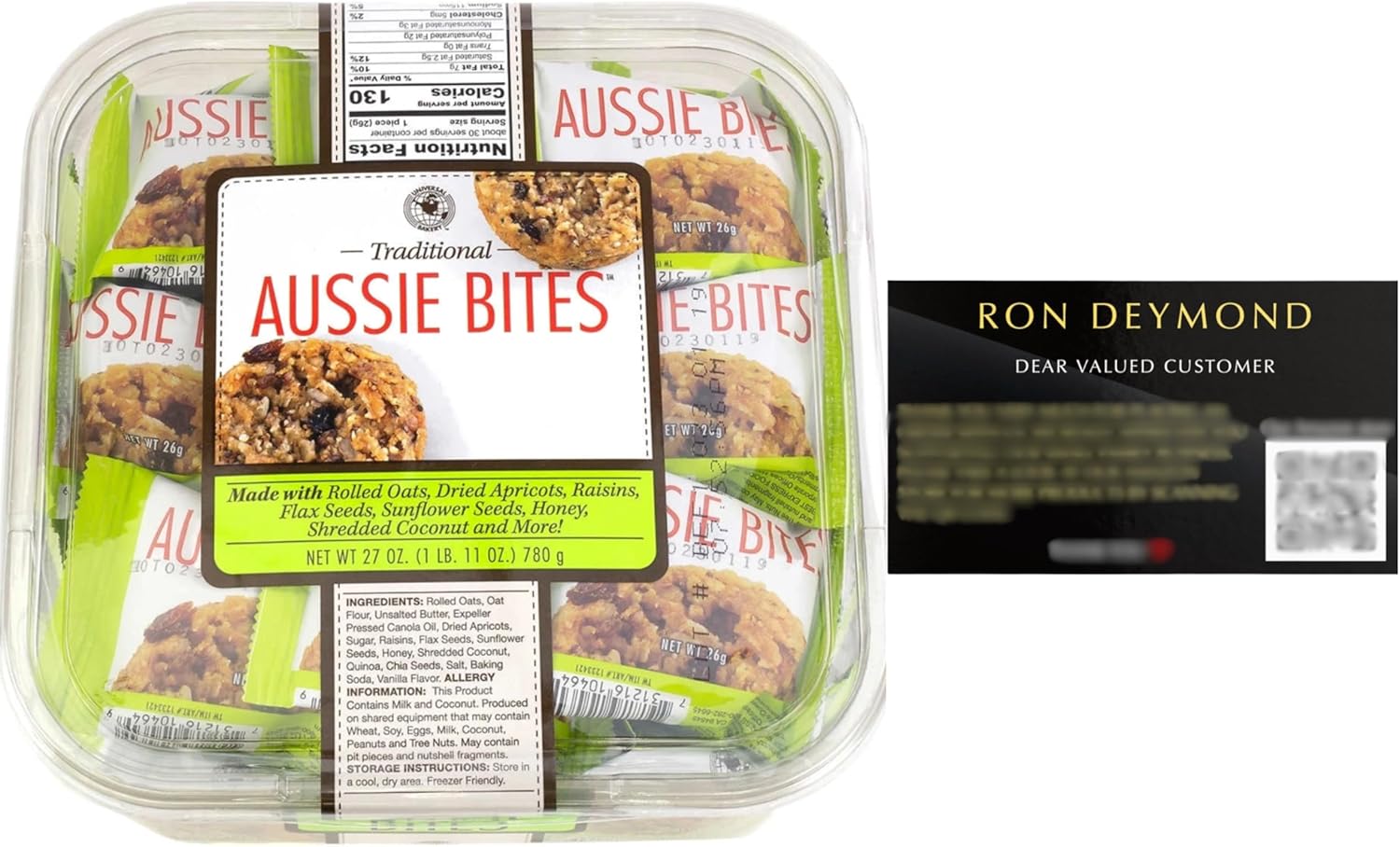 Traditional Aussie Bites Individually Wrapped 27 Oz, Oatmeal snacks cookies, Healthy Oatmeal Bites with RON DEYMOND Card
