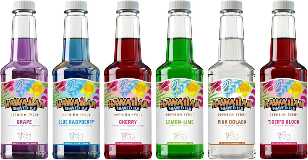 Hawaiian Shaved Ice Syrup Assortment, 6 Popular 16oz Flavors: Cherry, Grape, Blue Raspberry, Tiger's Blood, Lemon-Lime, Pina Colada