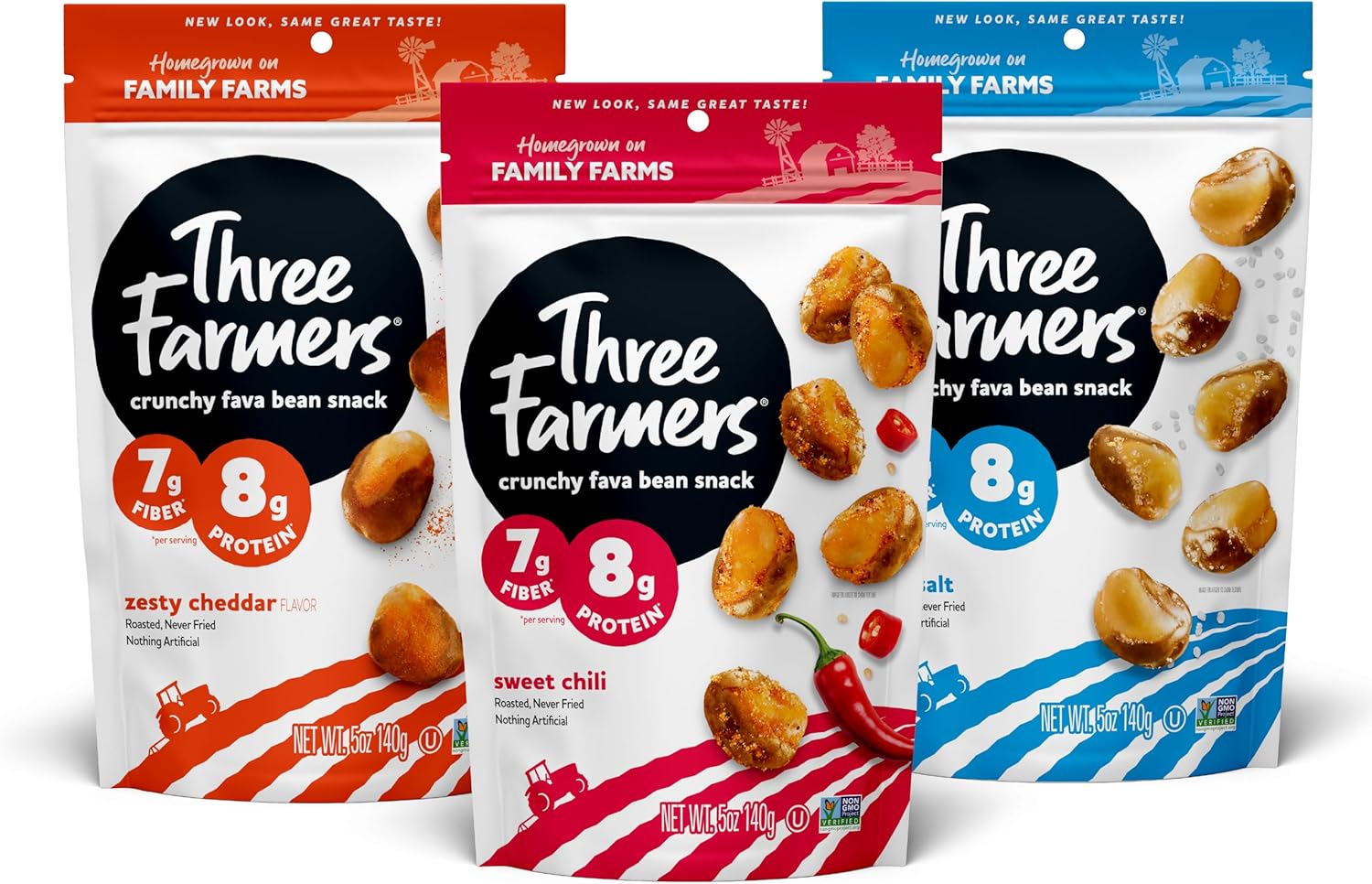 Three Farmers – Roasted Fava Beans Variety Pack | Zesty Cheddar, Sweet Chili & Sea Salt | 3 Pack – 140g | Gluten-Free | Vegan | Kosher | Plant Protein | High Fibre | Low Fat | Non-GMO Certified