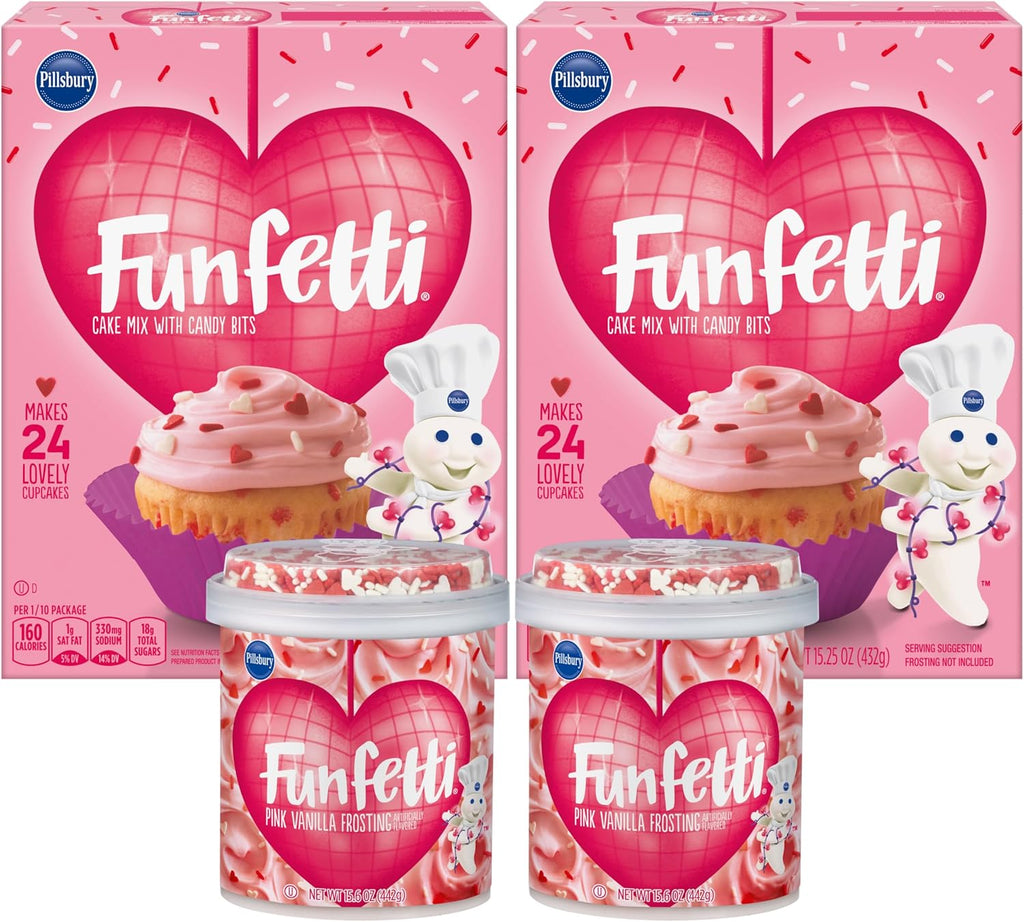 Funfetti Mother's Day Bundle, 2 of each: Cake & Cupcake Mix with Candy Bits, 15.25 oz and Pink Vanilla Frosting with Sprinkles, 15.6 oz