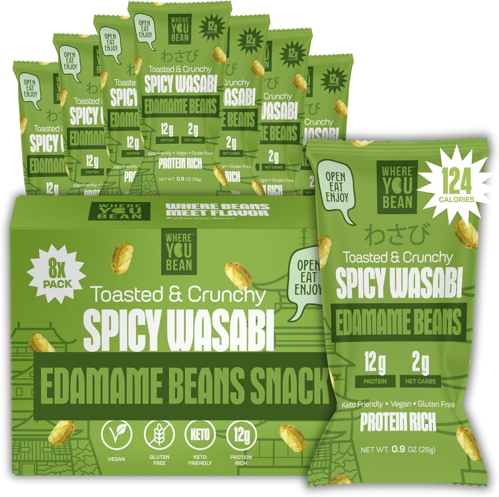 Where You Bean Edamame Beans Snack (Spicy Wasabi) - Crunchy and Dry Roasted Edamame Beans - High Protein Snacks, Keto and Vegan Healthy Snacks for Adults & Low Carb Asian Snack 0.9 oz (Pack of 8)