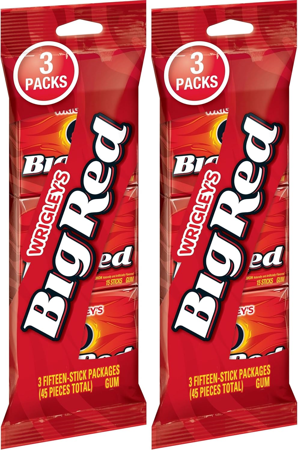 Big Red Wrigley's Cinnamon Gum, 3 Fifteen-Stick Packs (45 Pieces Total) (Pack of 2)
