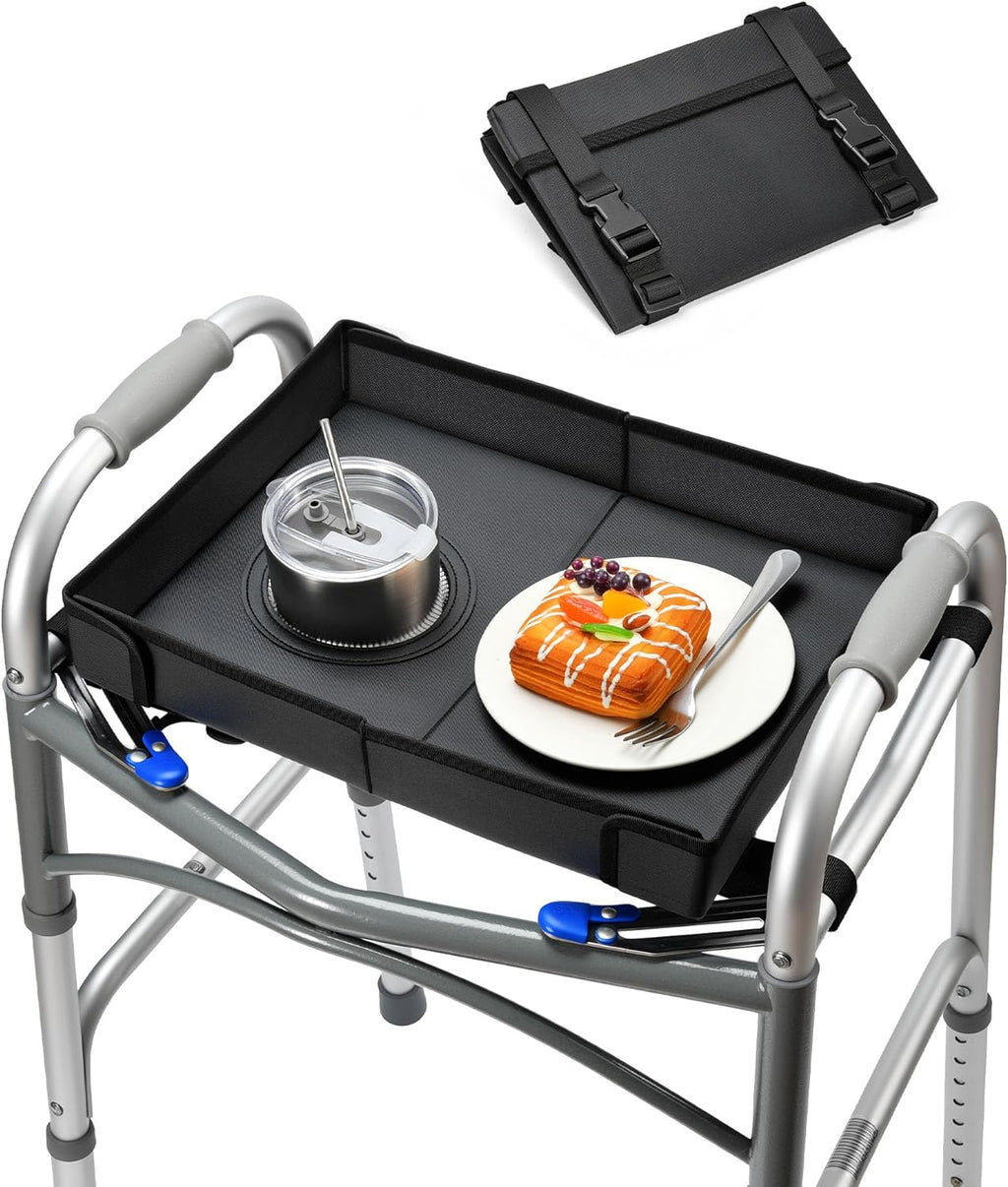 FANGSUN Walker Tray for Folding Walker 2.0 – Upgraded Detachable Tray for Walkers with Extended Straps & Cup Holder, Fits Rolling Walkers with Side Bars, Mobility Accessory for Seniors