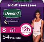 Depend Night Defense Adult Diapers, Incontinence & Postpartum Bladder Leak Underwear for Women, Disposable, Overnight, Small, Blush, 64 Count (4 Packs of 16), Packaging May Vary