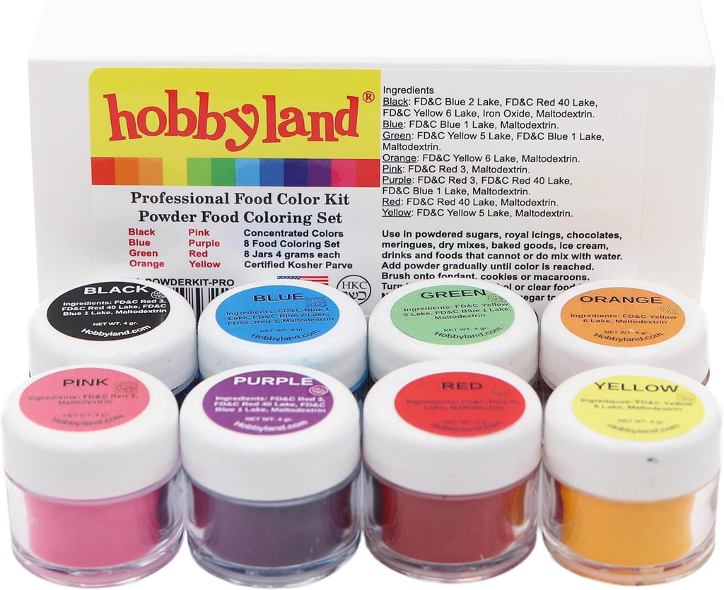Hobbyland Powder Food Color Kit, Professional Powder Food Coloring Set, 8 Colors, 4 Gram Jars