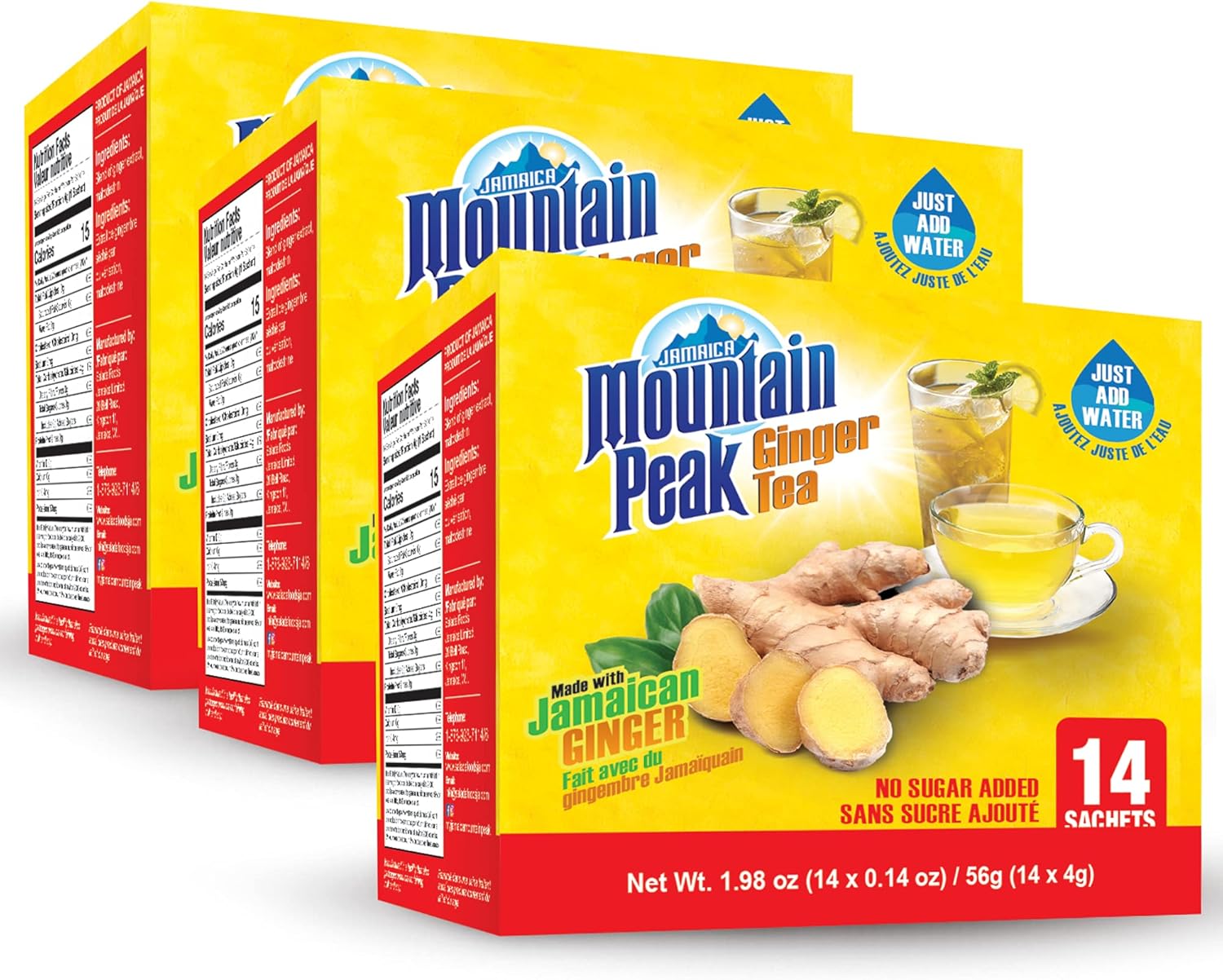 Jamaica Mountain Peak Original Ginger Tea, Unsweetened, 14 x 0.42 oz Sachets (Pack of 3) - Total 42 Sachets