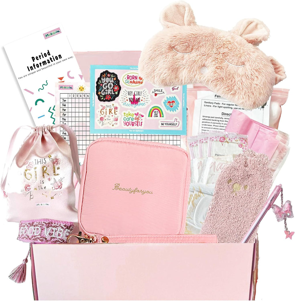 First Period kit for Girls | 22 PC Period Packs for Young Girls First Time | First Period Gift for Teen Girls with Sanitary Pad Storage Bag, Wipes, Bracelet, Eye Mask, Socks and More(Pink)
