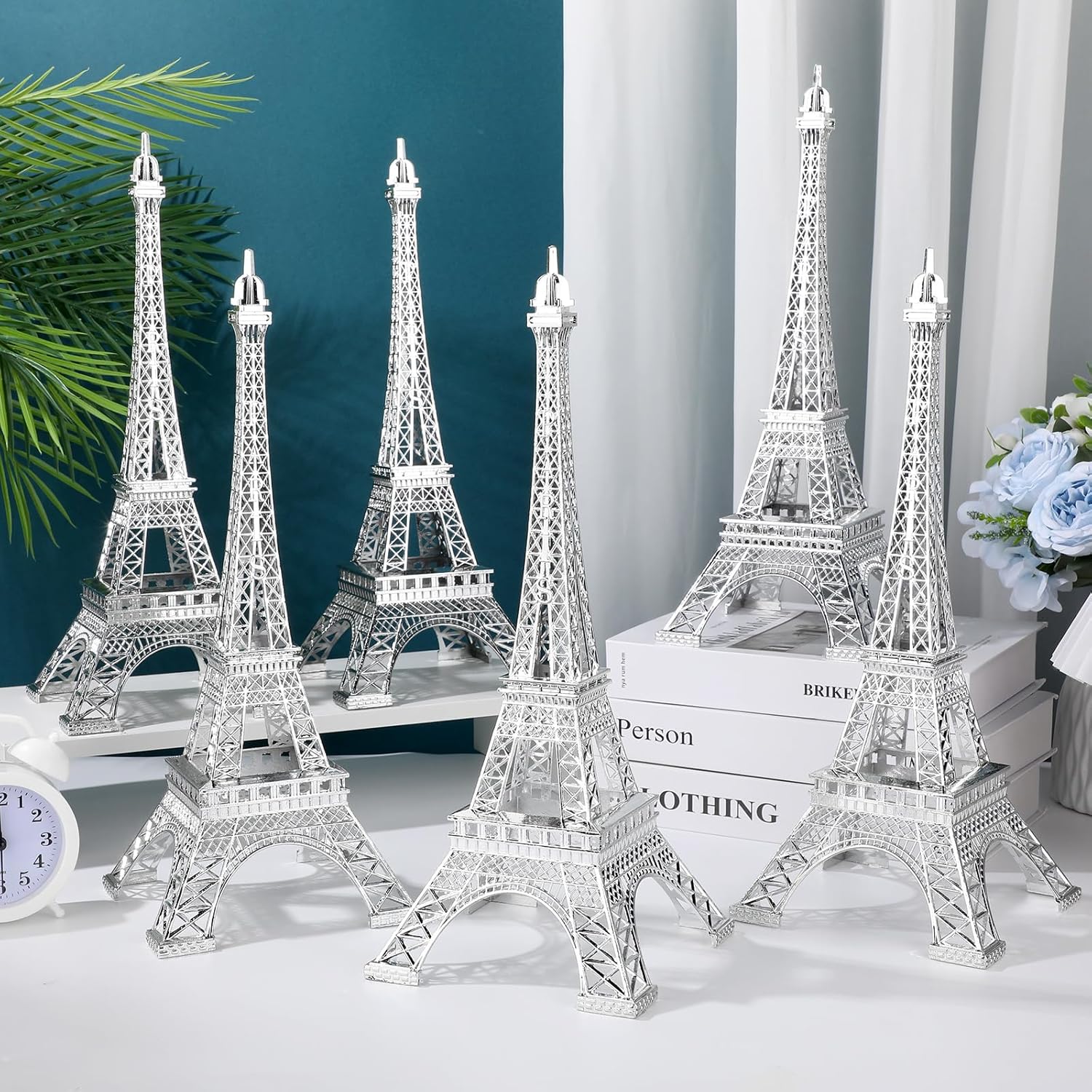 Therwen 6 Pcs 15'' Eiffel Tower Statue Decor Alloy Metal Paris French Eiffel Tower Model Collectible Figurine Paris Craft Art Statue Model Party Decoration Gift for Cake Topper(Silver)