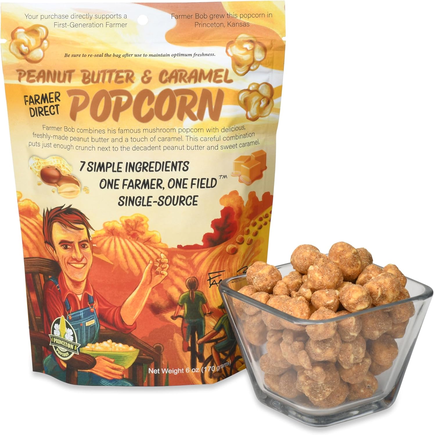 Gourmet Popcorn Bags, Peanut Butter Caramel Corn, Vegan, Gluten Free, Non-GMO, 7 Ingredient, Healthy Resealable Snack, 6oz Bag, Perfect Snacks for Adults, Peanut Butter Pretzels Flavor Farmer Direct - PuffyCrunch by Princeton Popcorn USA Made