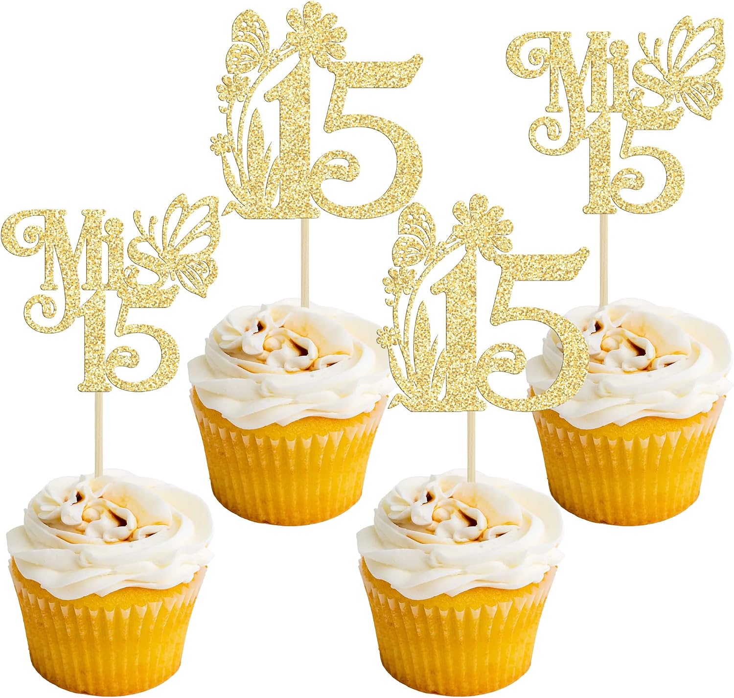 Ephlyn 24Pcs Mis 15 Cupcake Toppers Glitter Mis Quince 15 Feliz 15 Años Cupcake Picks Hello 15 Fabulous Cupcake Decorations for Cheers to 15 Happy 15th Birthday Party Cake Decorations Gold