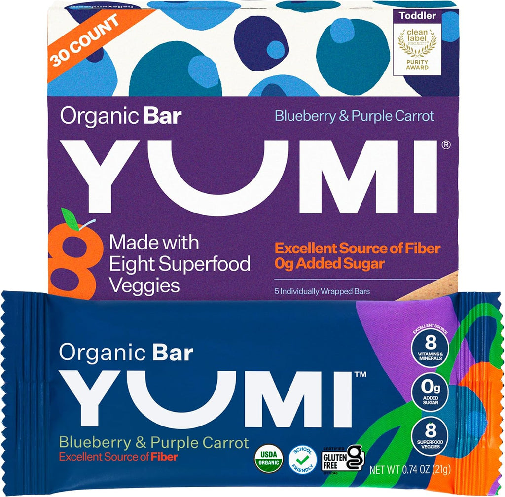 Yumi Organic Toddler Snacks Bars - Gluten-Free, No Added Sugar, 7+ Vegetables, Soft-Baked Crust Yumi Bars, Healthy Toddler Organic Snacks - School Safe and for Lunch Boxes, Blueberry & Purple Carrot (30ct.)