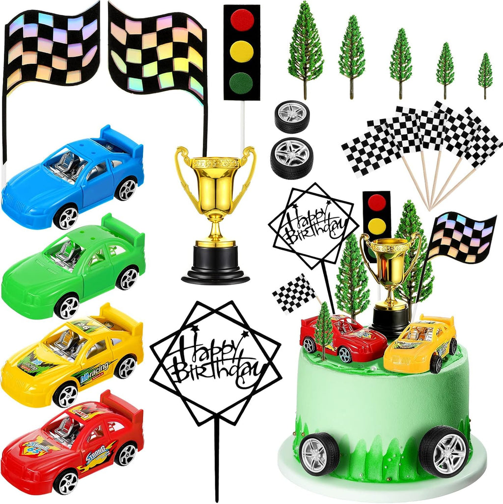 Yulejo 38 Pcs Racing Car Cake Decoration with Race Car Cake Topper Wheel Checkered Racing Flag Cupcake Topper Black Birthday Cake Topper Race Birthday Party Supplies Themed Party Favor for Kid