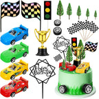 Yulejo 38 Pcs Racing Car Cake Decoration with Race Car Cake Topper Wheel Checkered Racing Flag Cupcake Topper Black Birthday Cake Topper Race Birthday Party Supplies Themed Party Favor for Kid